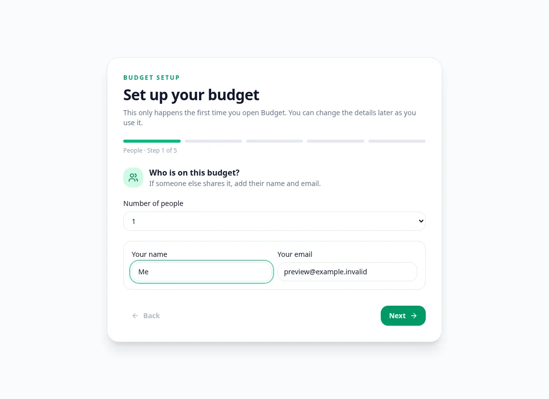 Our Budget setup screen for choosing who shares a household budget