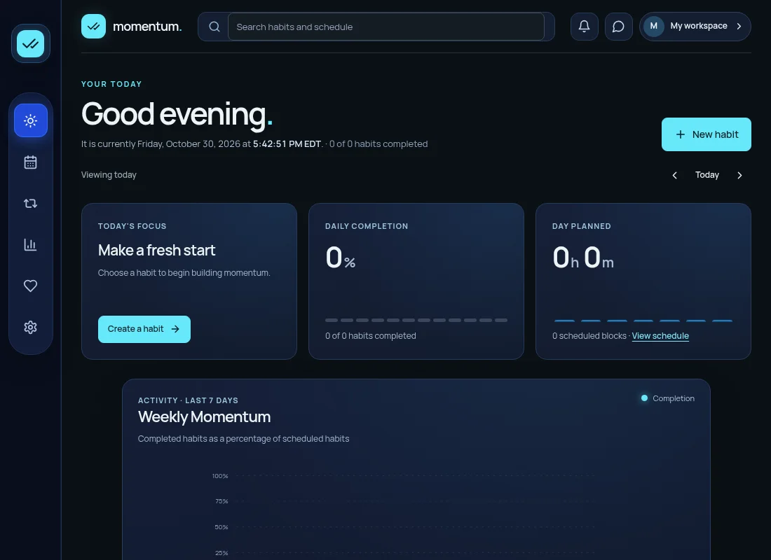 Momentum habit dashboard and day planning workspace